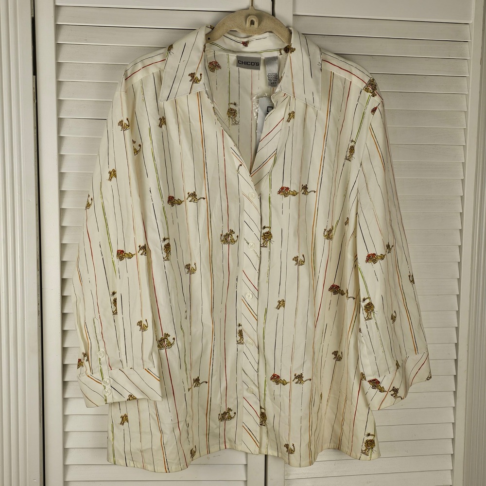NWT Chico's Womens Roaring Tails Stripe Optic White 3/4 Sleeve Olissa Shirt 3 XL